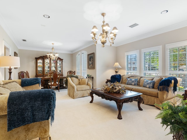 living room featuring ornamental molding, a chandelier, and light carpet