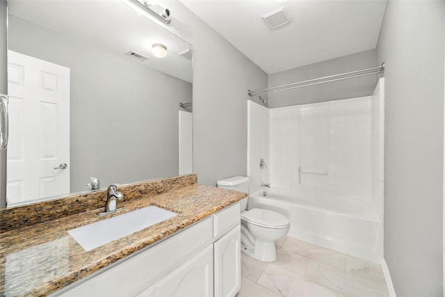 full bathroom with vanity,  shower combination, and toilet