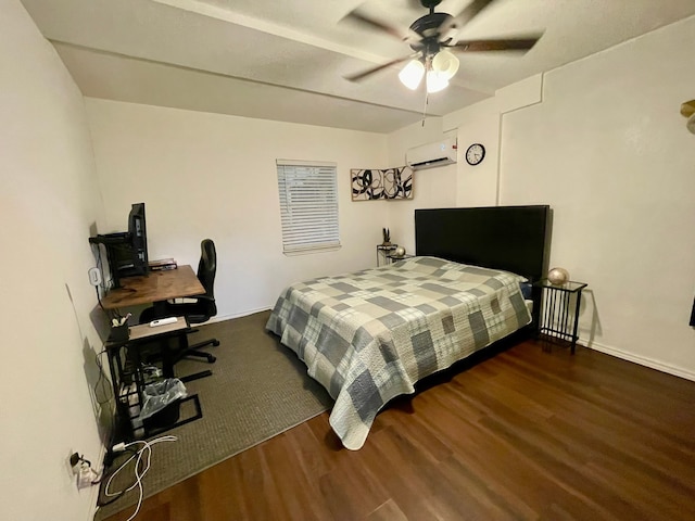 bedroom with a wall mounted AC, dark hardwood / wood-style flooring, and ceiling fan