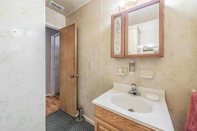 bathroom with wood-type flooring and vanity