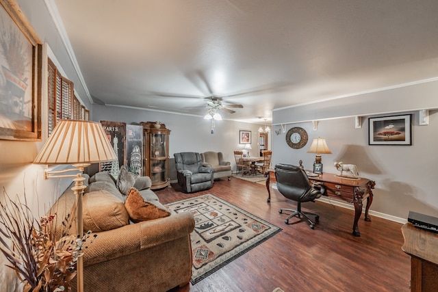 office space featuring wood-type flooring, ornamental molding, and ceiling fan