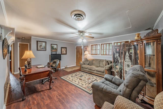 living room featuring crown molding, dark hardwood / wood-style flooring, and ceiling fan