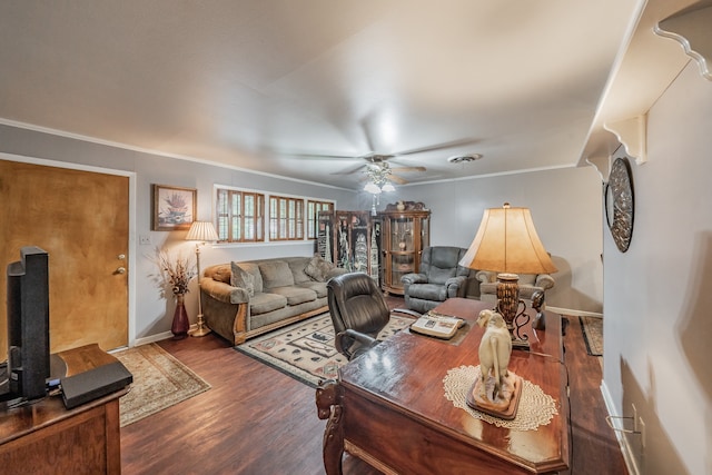 living room featuring ceiling fan, crown molding, and dark wood-type flooring