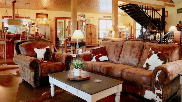 living room featuring a chandelier