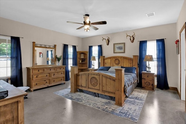 bedroom with finished concrete floors, visible vents, and multiple windows