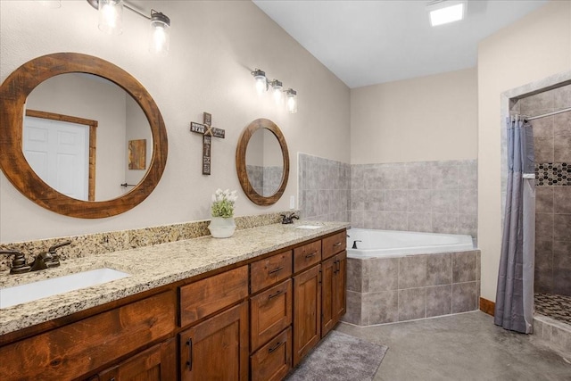 bathroom featuring double vanity, a sink, a tile shower, and a bath