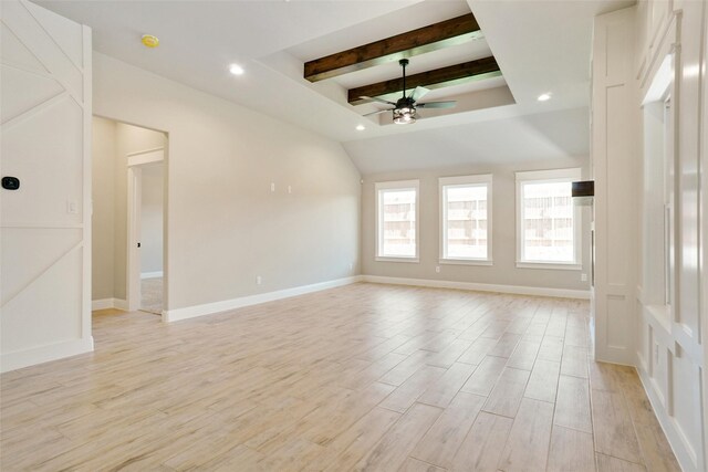 unfurnished living room with lofted ceiling with beams, light hardwood / wood-style flooring, and ceiling fan