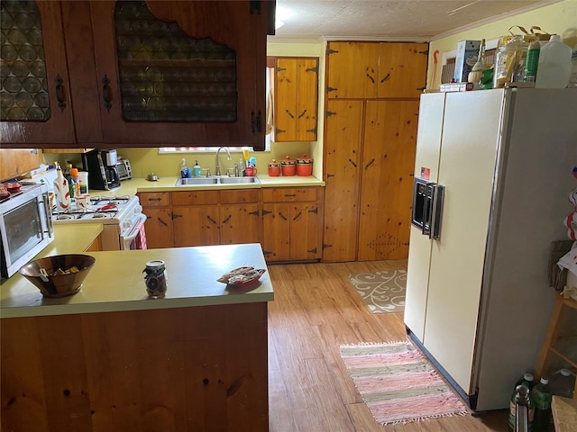 kitchen featuring light wood-type flooring, white appliances, and sink