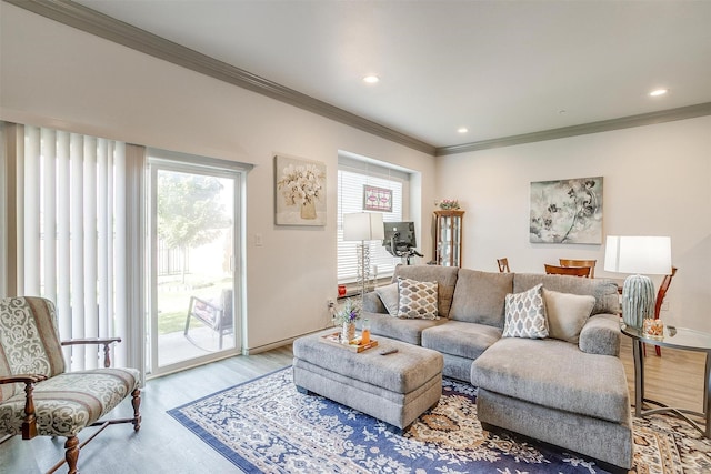 living room featuring light wood-type flooring, crown molding, and a healthy amount of sunlight