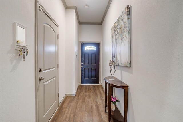 entryway featuring wood-type flooring and ornamental molding