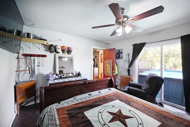 bedroom featuring access to exterior, ceiling fan, and wood-type flooring