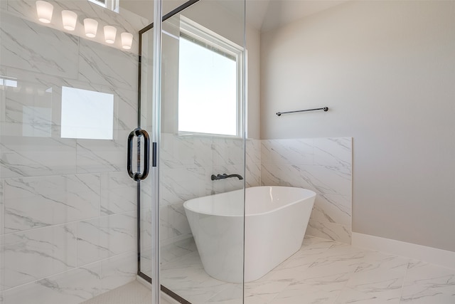 bathroom featuring independent shower and bath and tile walls