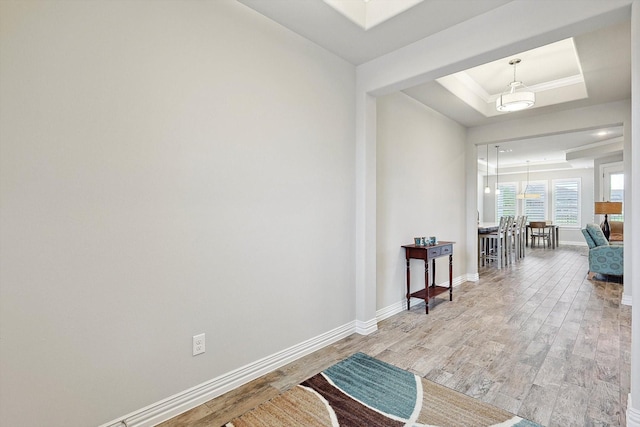 corridor featuring crown molding, wood-type flooring, and a raised ceiling