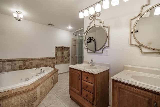 1457 Riverside Dr, West Tawakoni, TX 75474 - full bathroom featuring a tub with jets, a sink, a stall shower, visible vents, and two vanities