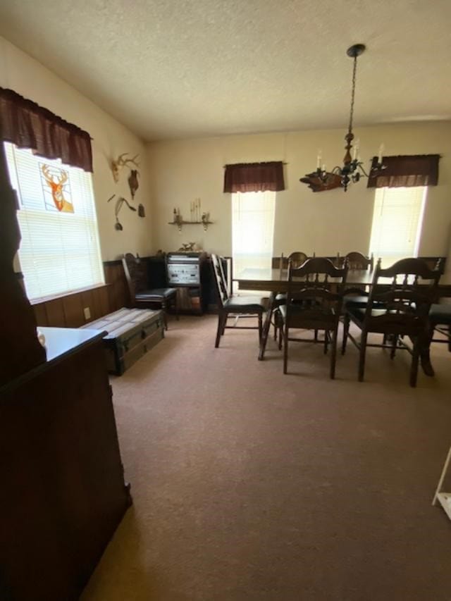 dining room featuring a textured ceiling, carpet flooring, a chandelier, and a healthy amount of sunlight