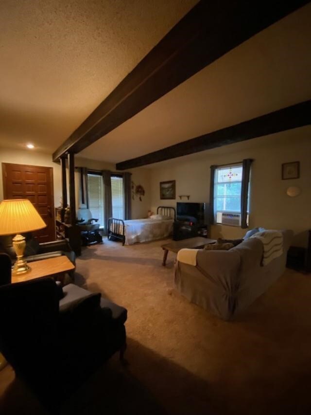 living room featuring beamed ceiling, a wealth of natural light, and carpet