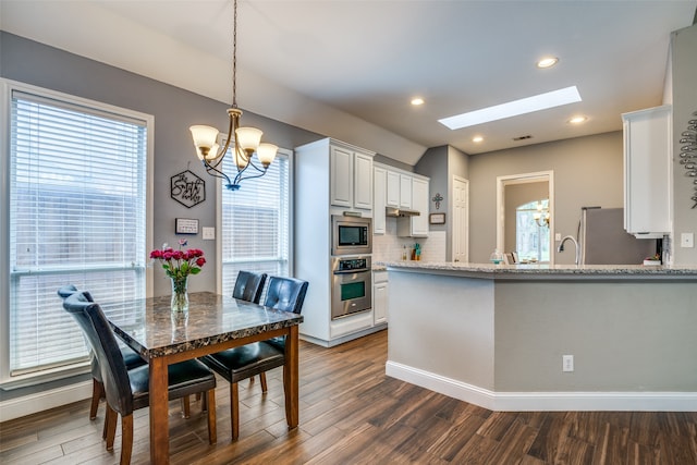 kitchen with plenty of natural light, dark wood-type flooring, stainless steel appliances, and a skylight