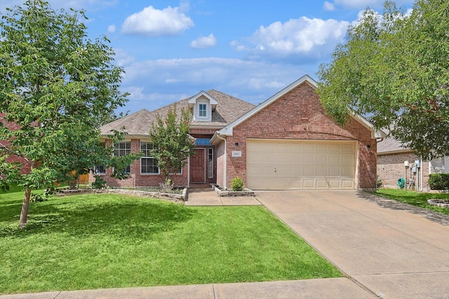 10517 Wentworth Dr, Rowlett, TX 75089 - traditional-style home with brick siding, concrete driveway, a garage, a front lawn, and roof with shingles