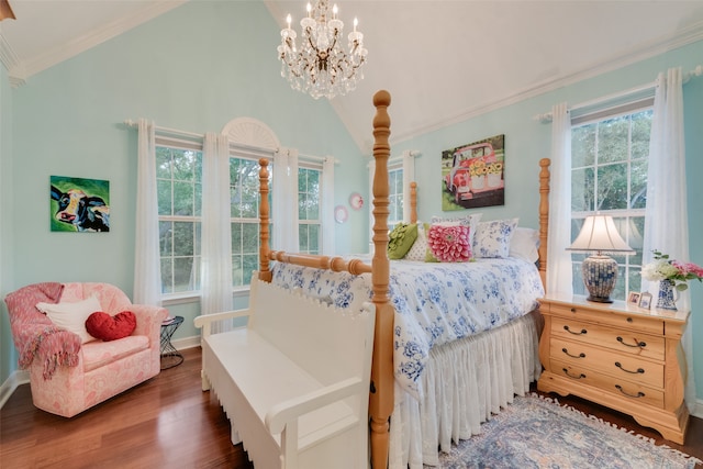 bedroom featuring multiple windows, ornamental molding, vaulted ceiling, and dark wood-type flooring