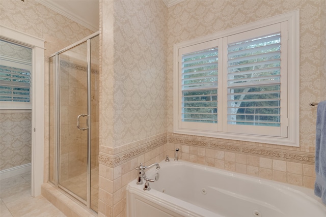 bathroom with shower with separate bathtub, tile patterned flooring, and ornamental molding