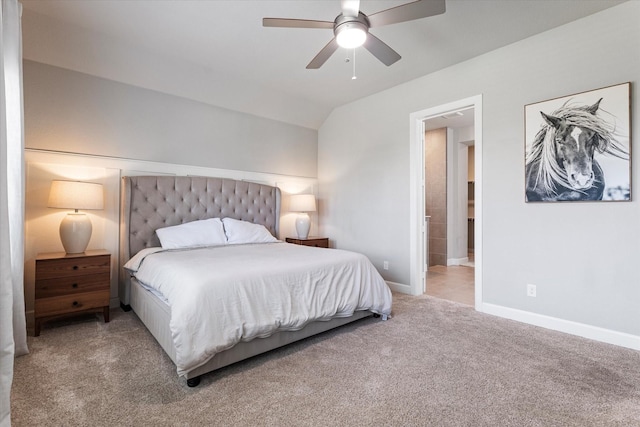 carpeted bedroom with lofted ceiling and ceiling fan