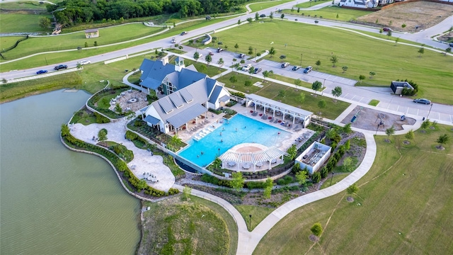 drone / aerial view with a water view