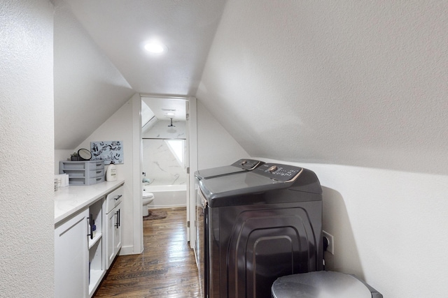 laundry room with dark hardwood / wood-style floors