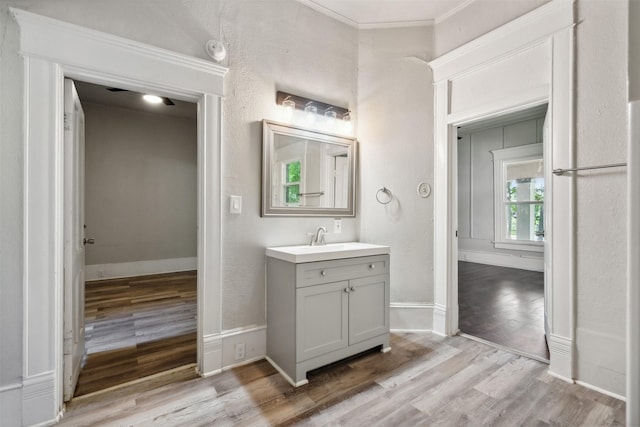 bathroom featuring hardwood / wood-style flooring, vanity, and crown molding