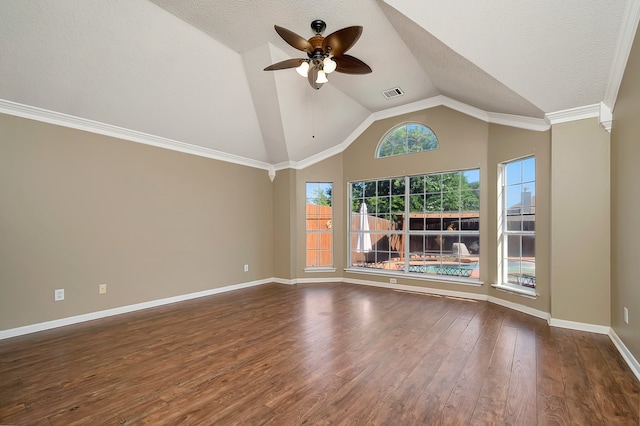 unfurnished living room with ceiling fan, wood-type flooring, vaulted ceiling, a textured ceiling, and ornamental molding