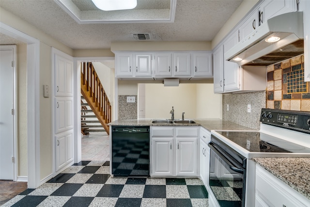 kitchen featuring white cabinets, a textured ceiling, black appliances, range hood, and sink