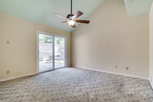 empty room with a textured ceiling, ceiling fan, light colored carpet, and high vaulted ceiling