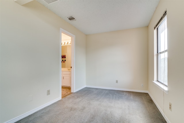 unfurnished room with a textured ceiling and light colored carpet