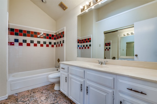 full bathroom with vanity, toilet, shower / bath combination, a textured ceiling, and vaulted ceiling