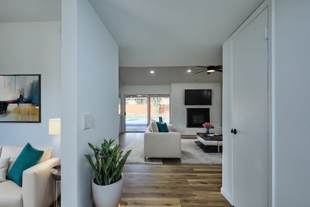 living room with ceiling fan, dark hardwood / wood-style floors, and a fireplace