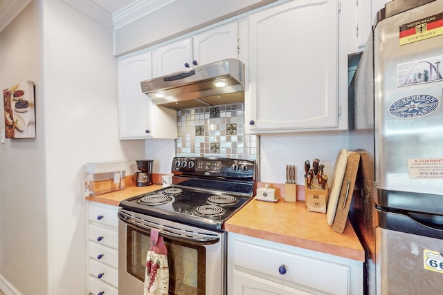 kitchen with white cabinetry, backsplash, stainless steel appliances, and range hood