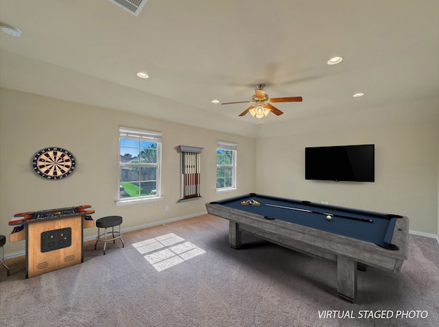 playroom featuring carpet flooring, pool table, and ceiling fan