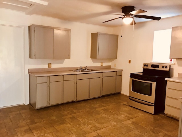 kitchen featuring stainless steel range with electric stovetop, ceiling fan, and sink