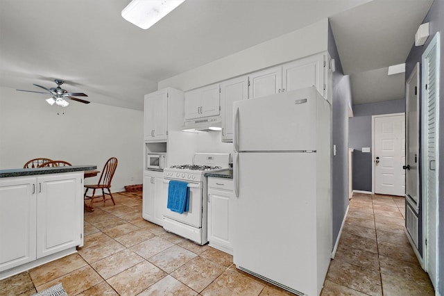 kitchen featuring white cabinetry, white appliances, ceiling fan, and light tile patterned flooring