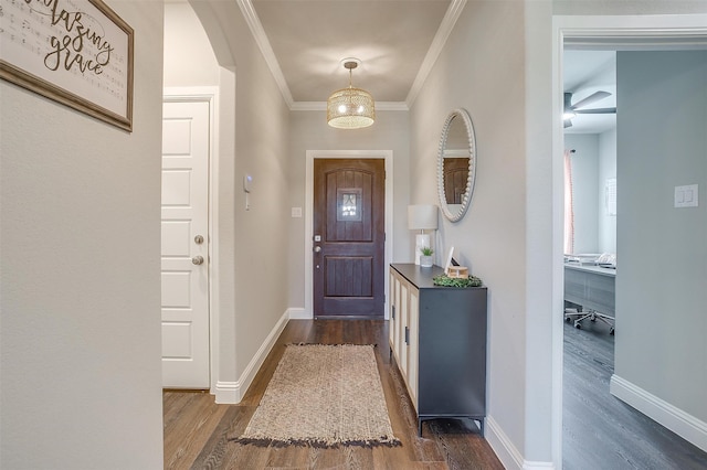 foyer featuring crown molding and dark hardwood / wood-style floors