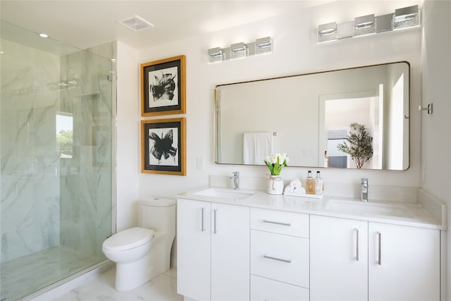 bathroom featuring toilet, tile patterned floors, walk in shower, and double vanity