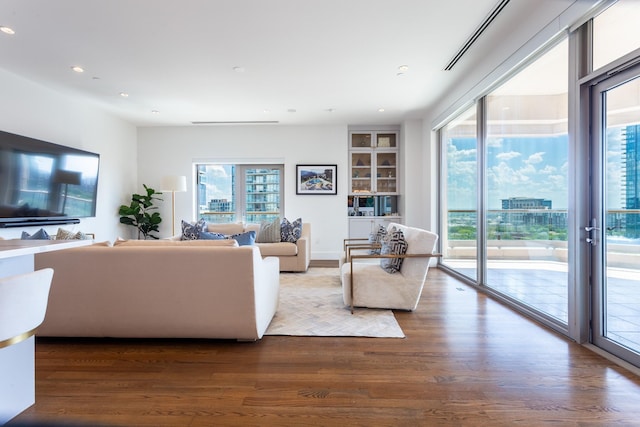 living room with wood-type flooring and a healthy amount of sunlight