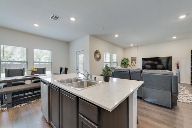 kitchen featuring light hardwood / wood-style flooring, sink, a healthy amount of sunlight, and a kitchen island with sink