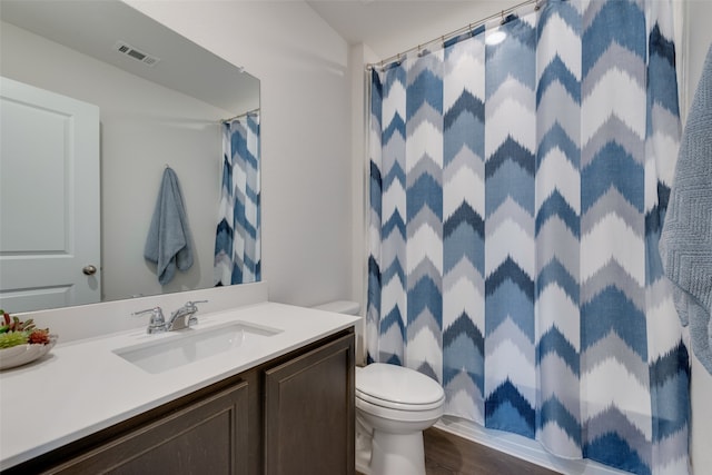 bathroom featuring toilet, vanity, and hardwood / wood-style floors