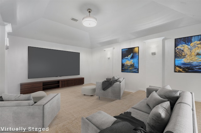 cinema with light colored carpet and a tray ceiling