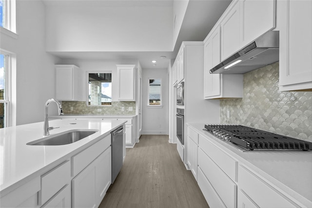 kitchen featuring appliances with stainless steel finishes, range hood, sink, white cabinets, and light hardwood / wood-style flooring