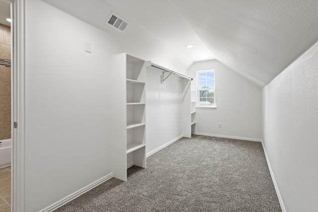 spacious closet featuring carpet flooring and vaulted ceiling