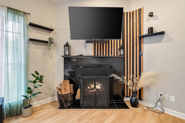 room details with a tile fireplace and hardwood / wood-style flooring