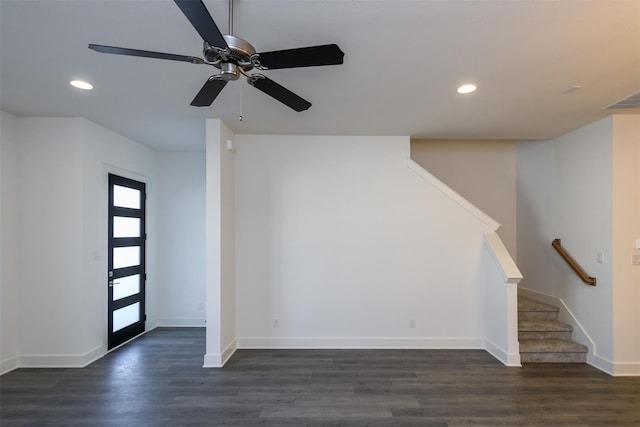 entrance foyer with ceiling fan and dark hardwood / wood-style flooring