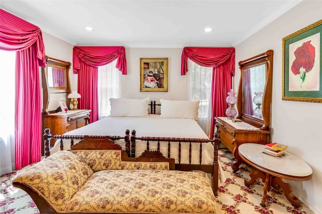 bedroom featuring multiple windows, recessed lighting, and crown molding