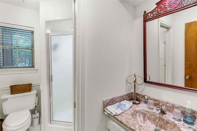 full bathroom featuring a stall shower, vanity, and toilet